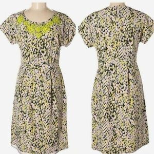 Boden Cara Neon Jeweled Bib Petal Print Fitted A-Line Short Sleeve Dress WH591